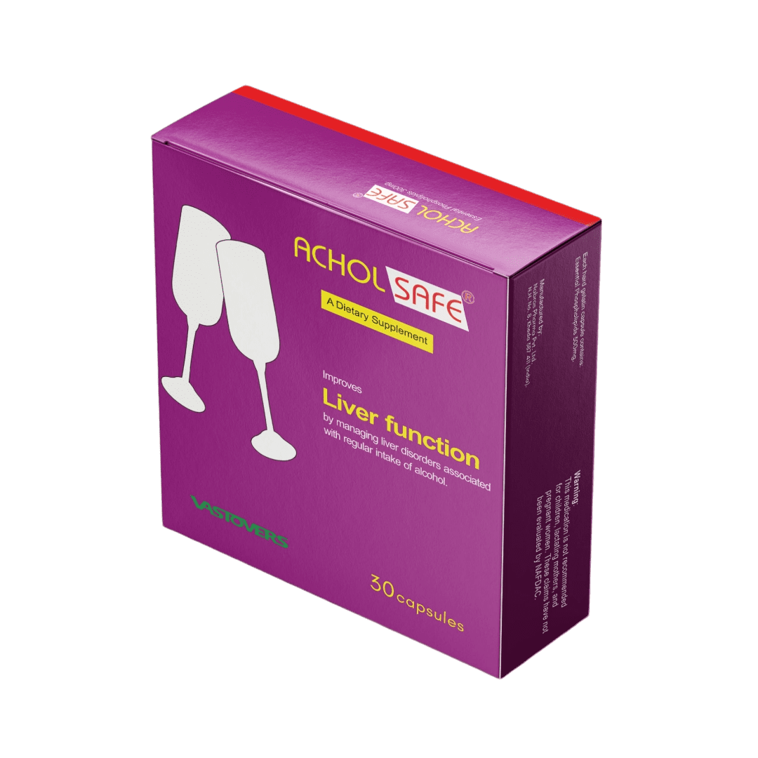 Acholsafe liver support supplement, 30 capsules, for managing liver health related to alcohol intake. Purple box with wine glass icons