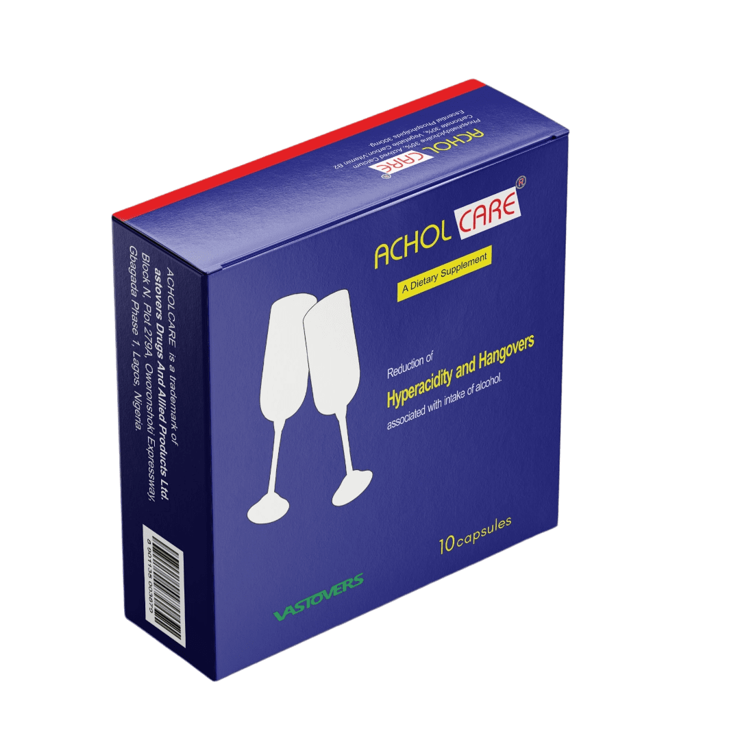 ACHOLCARE dietary supplement box - 10 capsules for reducing hyperacidity and hangover symptoms associated with alcohol consumption