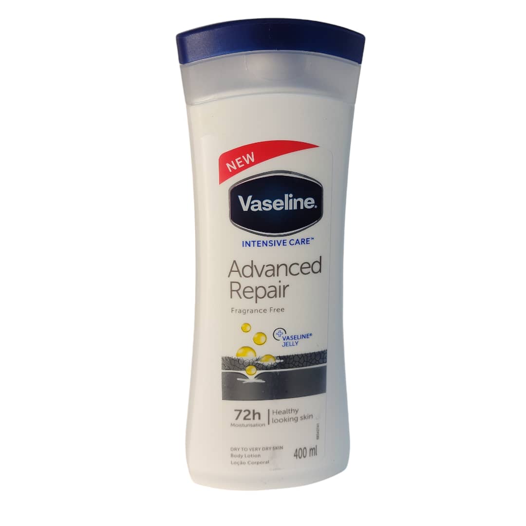 Vaseline Intensive Care Advanced Repair Body Lotion - 400ml Market Name: Vaseline Intensive Care Advanced Repair Jelly Brand: Vaseline Class: Moisturizer Pack Size: 400ml Form: Jelly Amount: ₦5000 Weight: 433g Description: Vaseline Intensive Care Advanced Repair Jelly is designed to provide intensive moisture and repair for very dry skin. It contains micro-droplets of Vaseline Jelly that help to lock in moisture and aid in the skin’s natural recovery process. Key Features: • Clinically proven to moisturize and heal very dry skin. • Contains micro-droplets of Vaseline Jelly. • Non-greasy formula. • Provides 72-hour moisture. • Dermatologist-tested. • Suitable for sensitive skin. Side Effects: • Generally well-tolerated. • Rarely, some individuals may experience mild skin irritation or allergic reactions. Caution: • For external use only. • Avoid contact with eyes. • Discontinue use if irritation occurs. • Keep out of reach of children